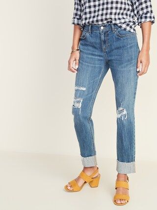 Mid-Rise Distressed Boyfriend Straight Jeans for Women | Old Navy (US)