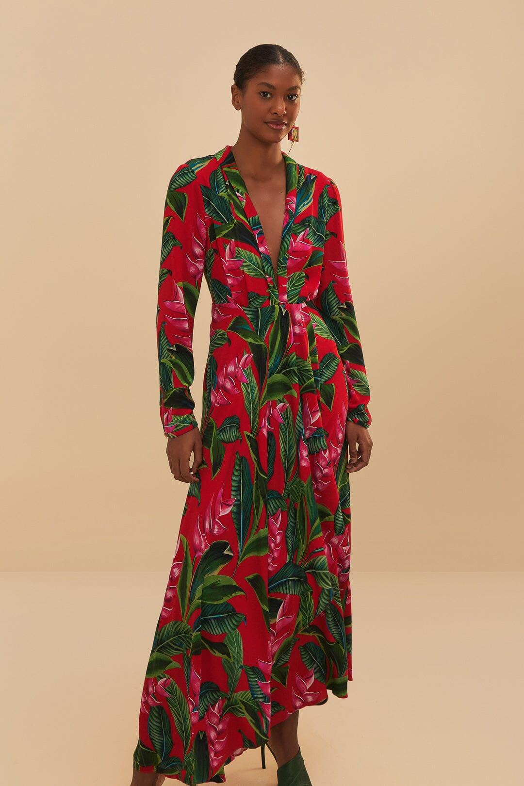 red dream garden long sleeve maxi dress | FarmRio (US)