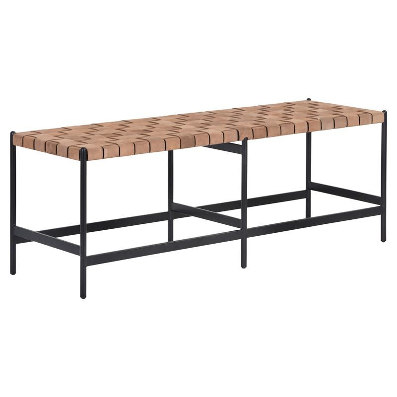 Sunpan Omari 51.25" Modern Leather and Iron Bench in Black/Light Tan | Homesquare