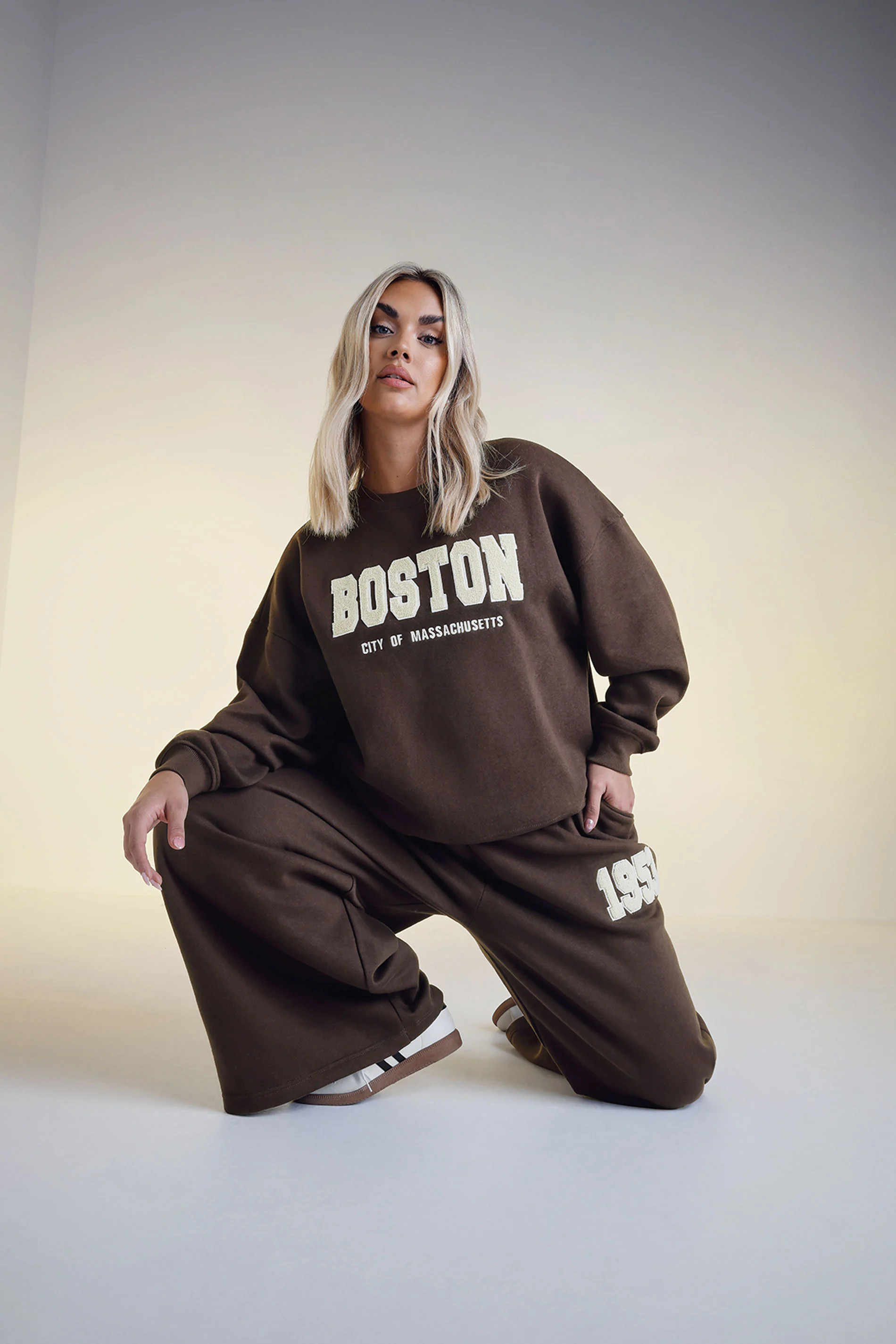 YOURS Plus Size Chocolate Brown Slogan Wide Leg Joggers | Yours Clothing UK