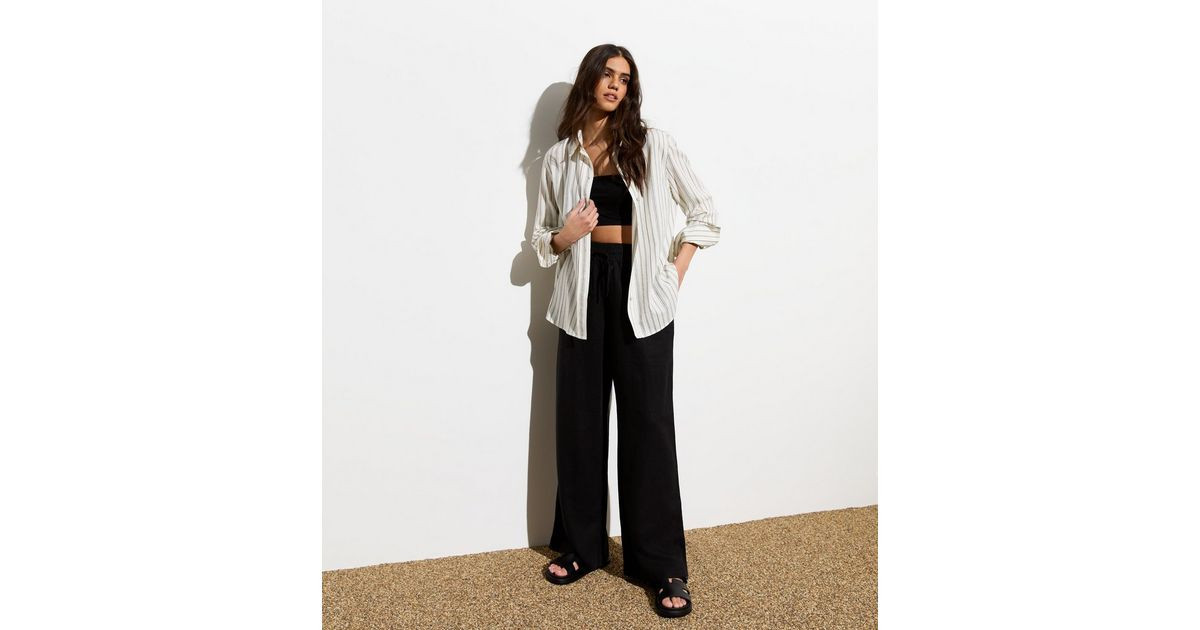 Black Linen Blend Drawstring Waist Wide Leg Trousers | New Look | New Look (UK)