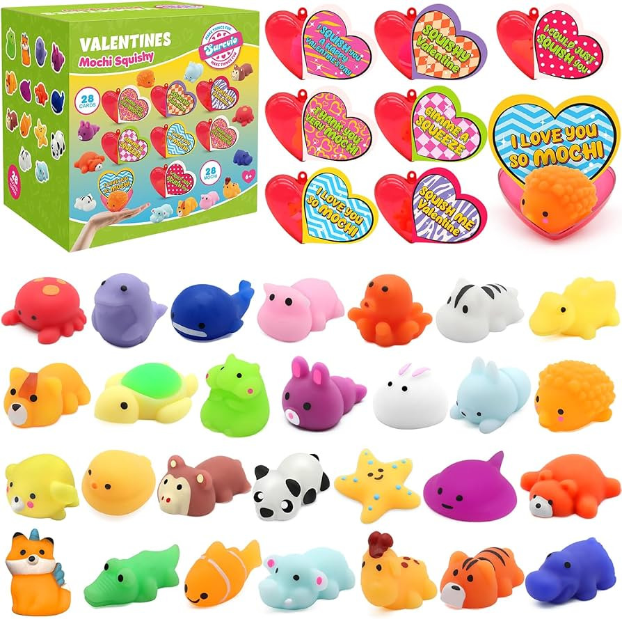 SURCVIO 28 Pack Valentines Day Gifts for Kids, Animal Mochi Squishies Filled Heart-Shape Box and ... | Amazon (US)