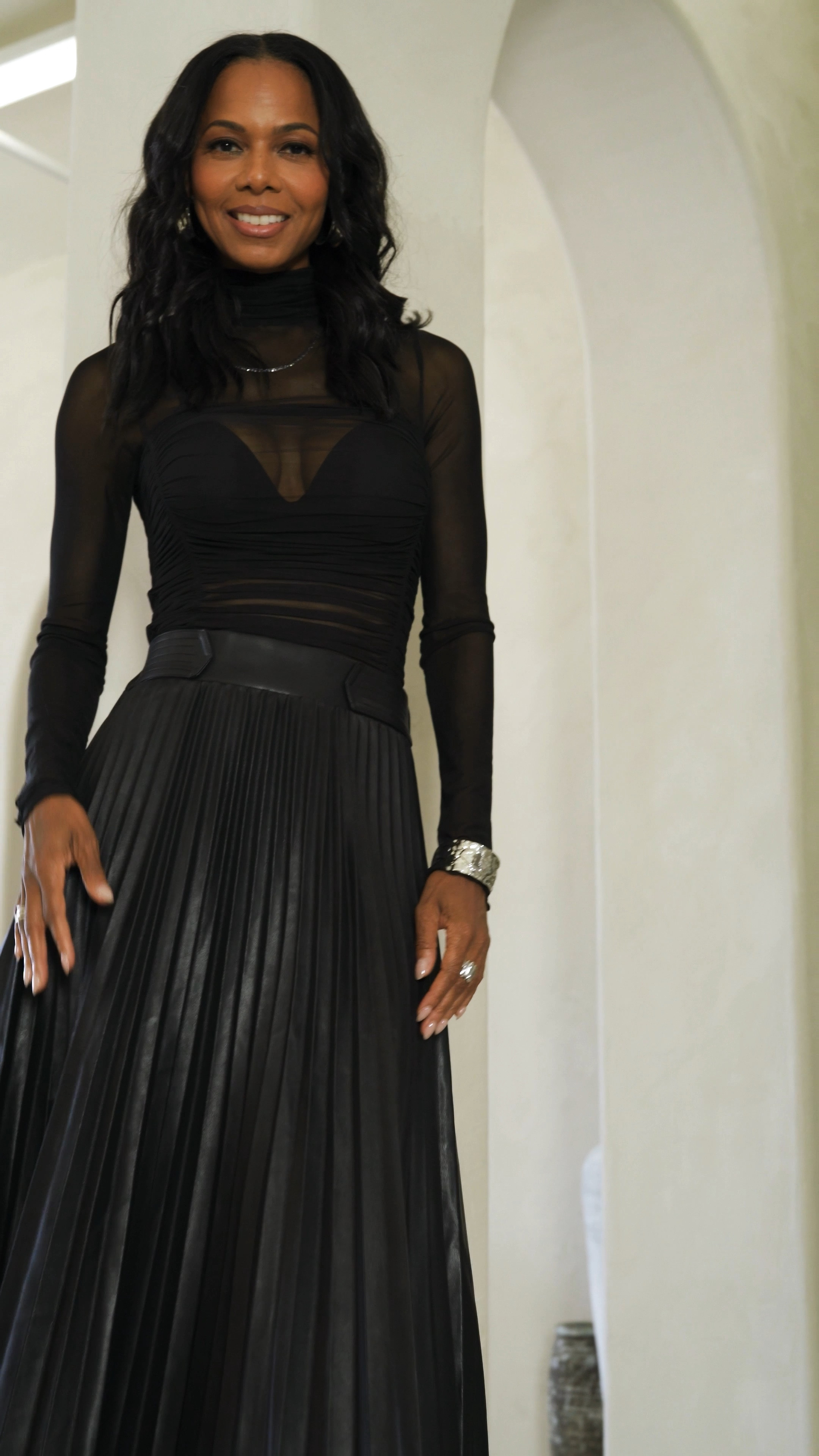 Black mesh top with leather pleated skirt. Date night inspo 🖤✨

#LTKStyleTip #LTKOver40 #LTKParties