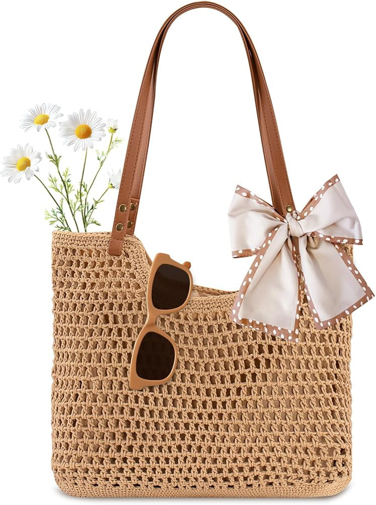 Peicees Crochet Beach Bag Purse, Boho Woven Tote with Leak-Proof Lining For Summer Vacation Trave... | Amazon (US)