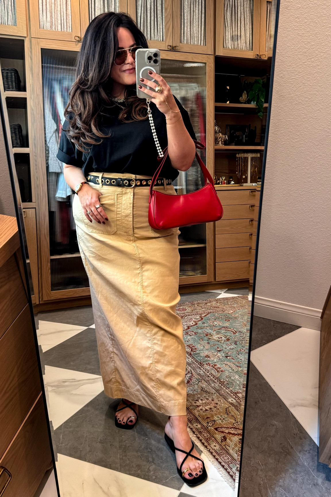 Midsize fall transition outfit wear now with a sandal wear later with a boot or sneaker and a jacket 
These maxi skirts have great stretch but don’t stretch out! I wear an xl and it’s perfect! I just pulled these out of my closet from last year to style again for fall. 
(Also come in petite and plus sizing) 
Red bow bag is one of my fave fall bags this season 


#LTKSeasonal #LTKWorkwear #LTKMidsize