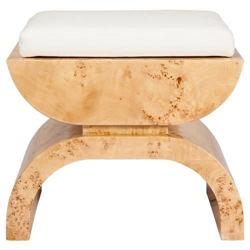 Biggs Modern White Upholstered Cushion Glossy Brown Burl Wood Stool | Kathy Kuo Home