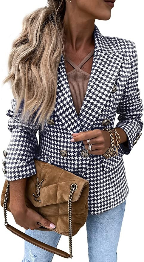 GAMISOTE Womens Houndstooth Suit Long Sleeve Notched V Neck Casual Button Down Blazer | Amazon (US)