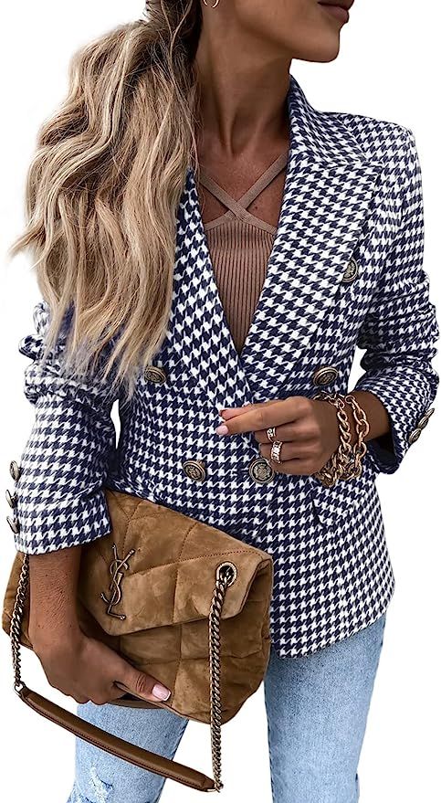 GAMISOTE Womens Houndstooth Suit Long Sleeve Notched V Neck Casual Button Down Blazer | Amazon (US)