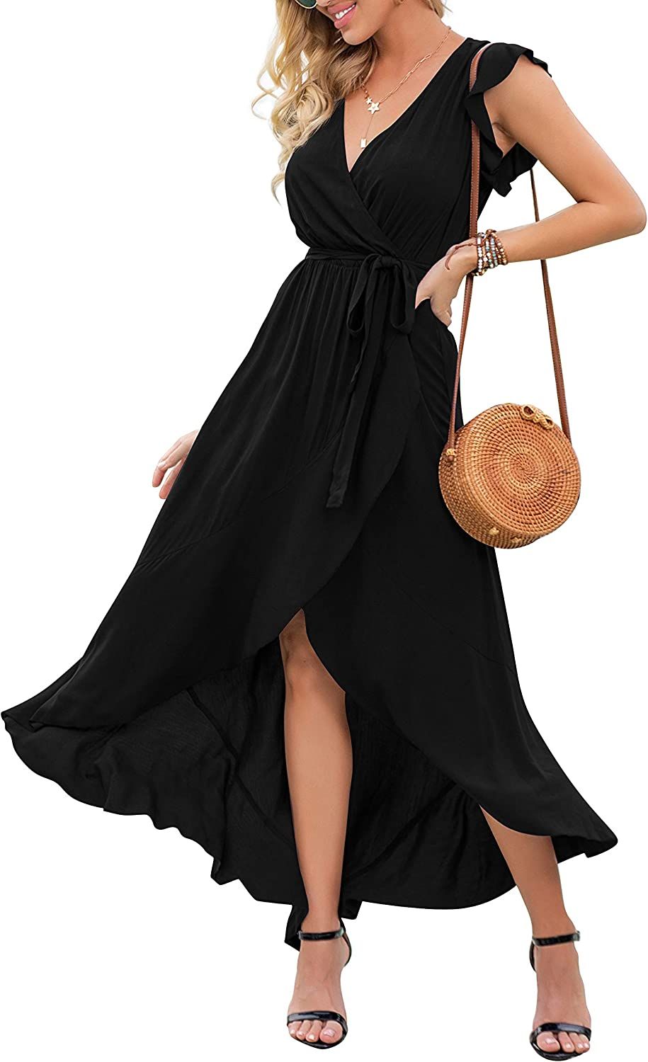GRECERELLE Women's 2023 Summer Floral Print Cross V Neck Dress Bohemian Flowy Long Maxi Dresses | Amazon (US)