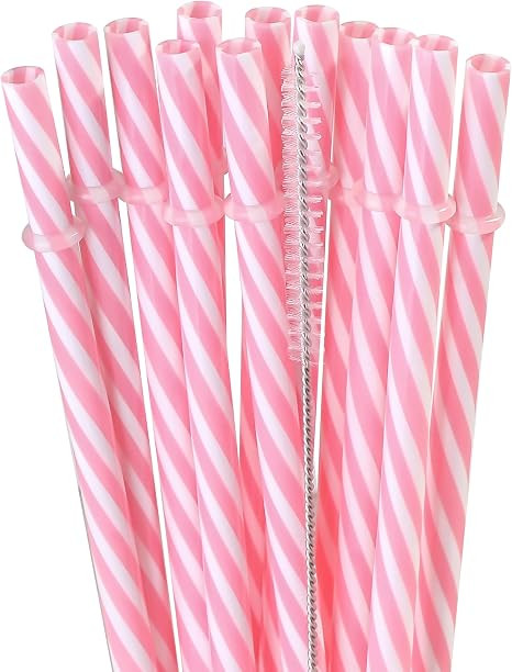 12 Piece 9 Inch Reusable Plastic Thick Drinking Straws BPA Free Mason Jar Pink small Stripe Straw... | Amazon (US)