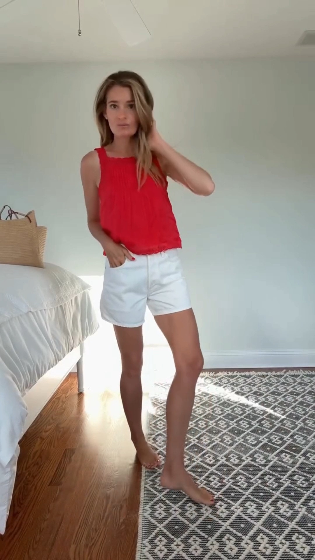 Hope you had a great 4th ❤️🤍💙 looks like my top is 40% off today. I own in the red and navy and they’re both so good. Perfect for hot days all summer long. 

Sizing…Top: run big, size down 1. Shorts: also run a little big but I like the more relaxed fit, wearing a 25 (tts). Bag is old Sezane but linking a similar one for less. 

#ootd #everydaystyle #outfitinspiration #summeroutfitinspo #weekendstyle

#LTKootd #LTKSeasonal #LTKgrwm