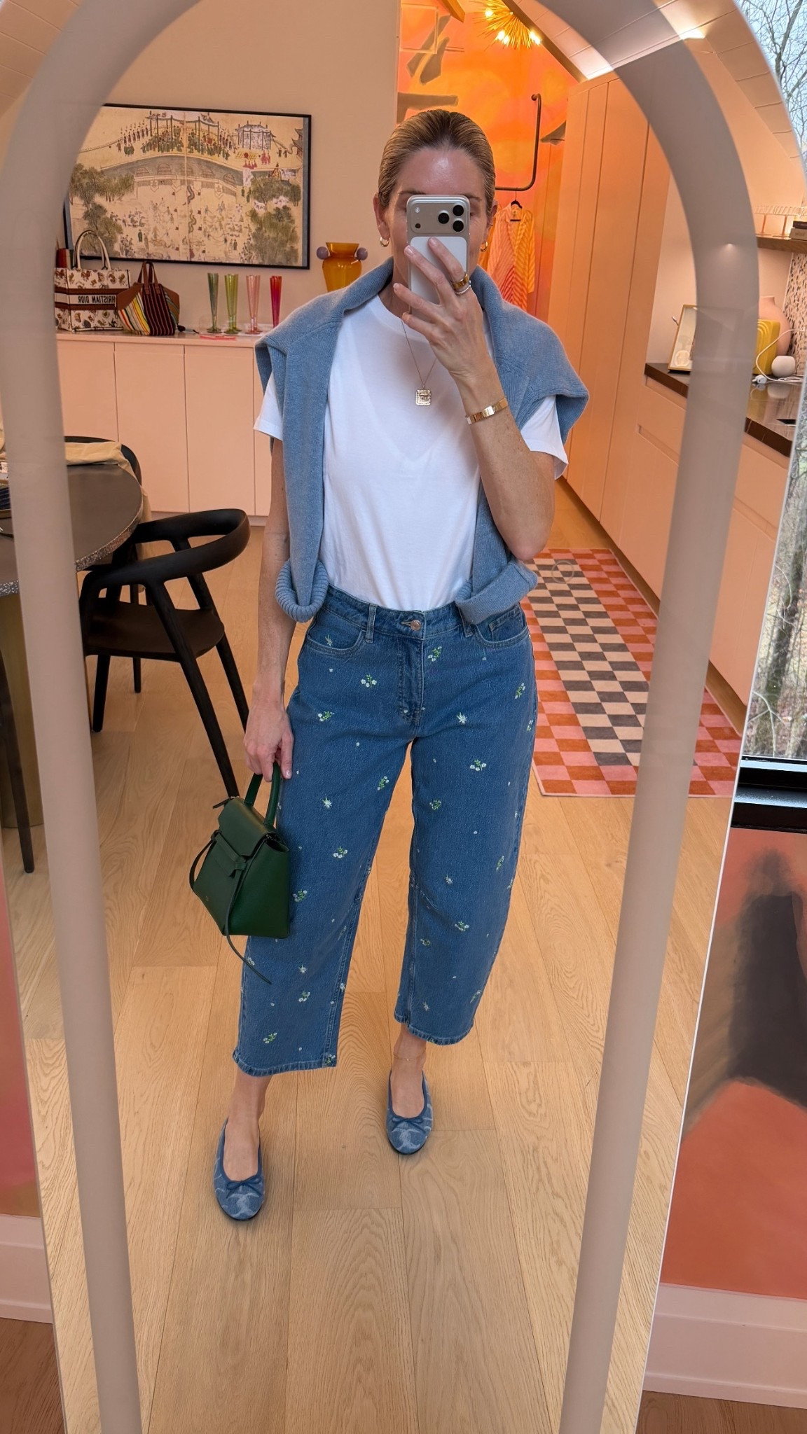 High // Low 
Small $10 tee
Sz 6 embroidered denim $36
Quince cashmere 
Older Chanel flats 
Older Celine bag 