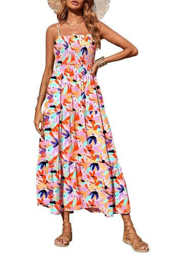 PRETTYGARDEN Summer Dresses for Women 2025 Spaghetti Strap Floral Maxi Dress Sleeveless Smocked Tiered Long Beach Sundress (Red,L) | Amazon (US)