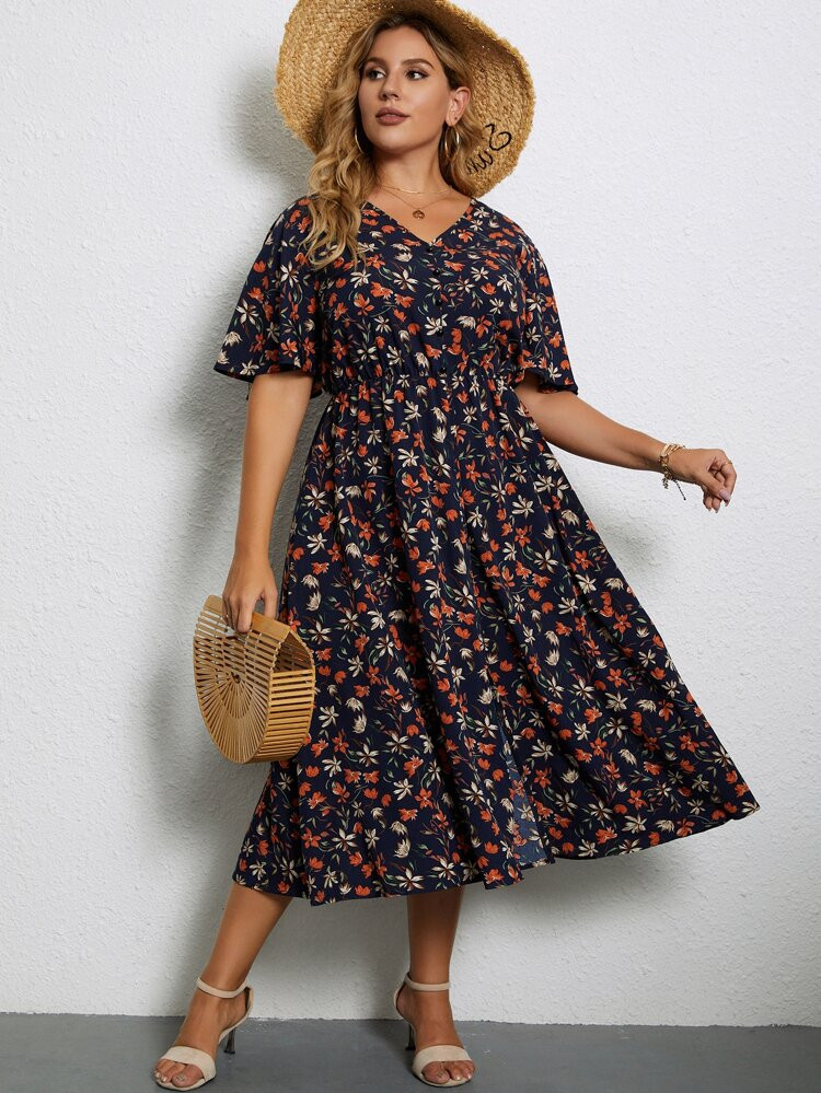 Plus  Allover Floral Print V Neck Dress | SHEIN
