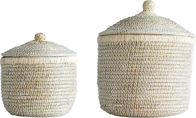 Creative Co-Op Whitewashed Woven Lids (Set of 2 Sizes) Baskets, White | Amazon (US)