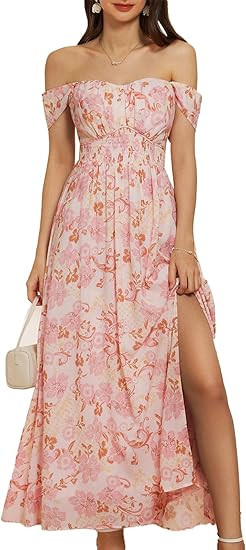 GRACE KARIN Summer Floral Dress for Women 2026,Off The Shoulder Smocked Bridesmaid Dresses,Formal... | Amazon (US)