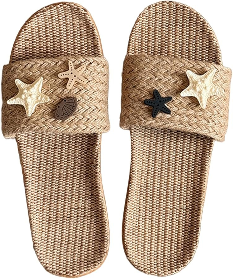 Women's Embellished Sandals with Shell Details Resort Beach Woven Linen Indoor Outdoor Flat Slide... | Amazon (US)