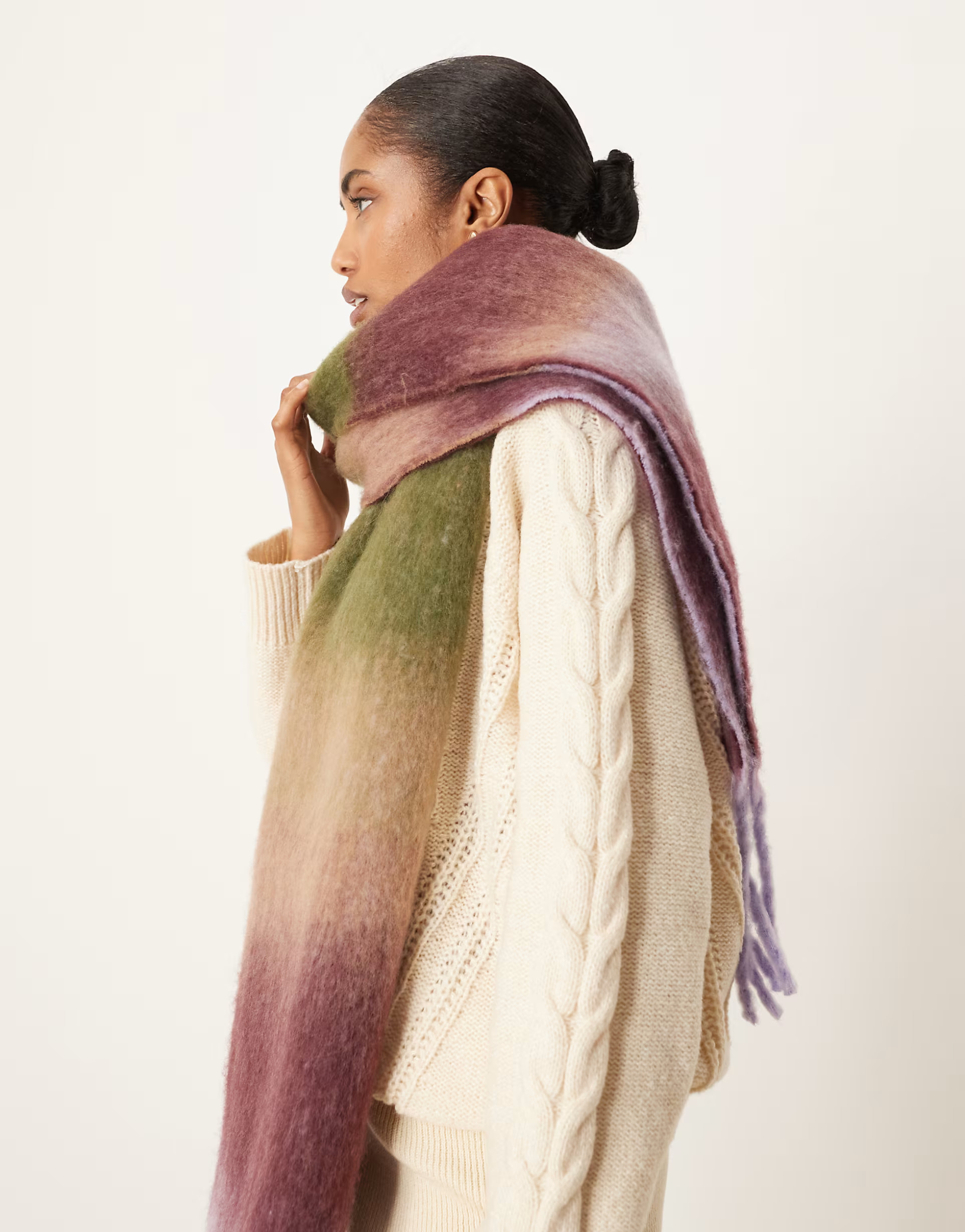 ASOS DESIGN woven scarf with brushed stripe design in purple and green | ASOS (Global)