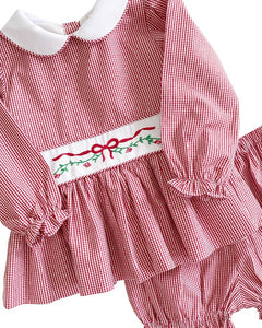 Holiday Embroidery Garnet Gingham Bloomer Set With Sash | Smockingbird Kids