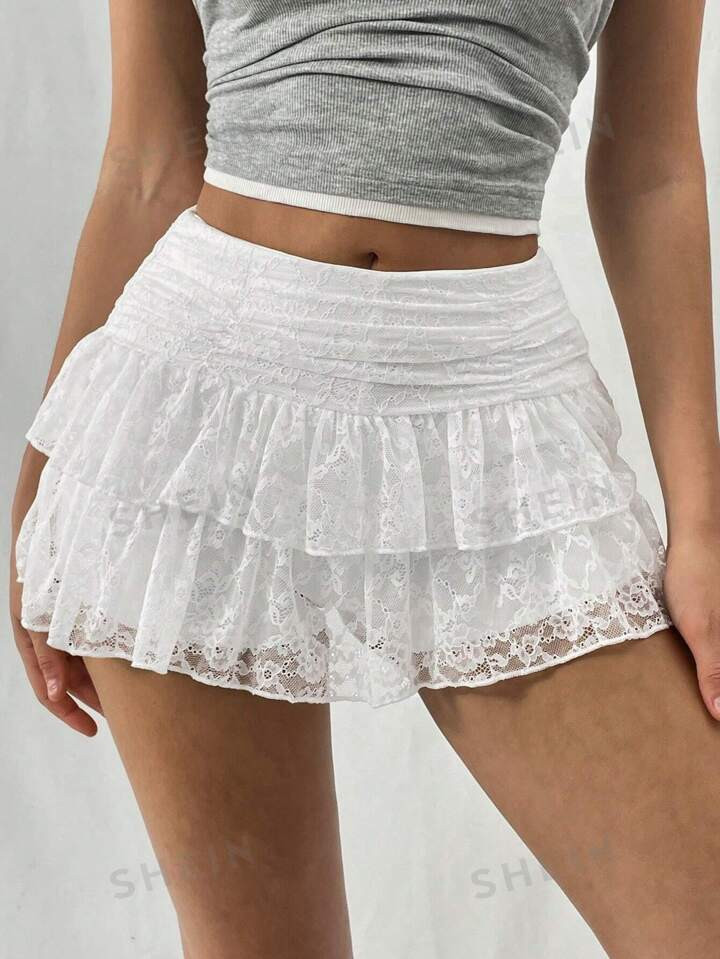 SHEIN ICON Women's Fashionable Sweet Solid Color Double-Layered Lace White Mini A-Line Skirt | SH... | SHEIN