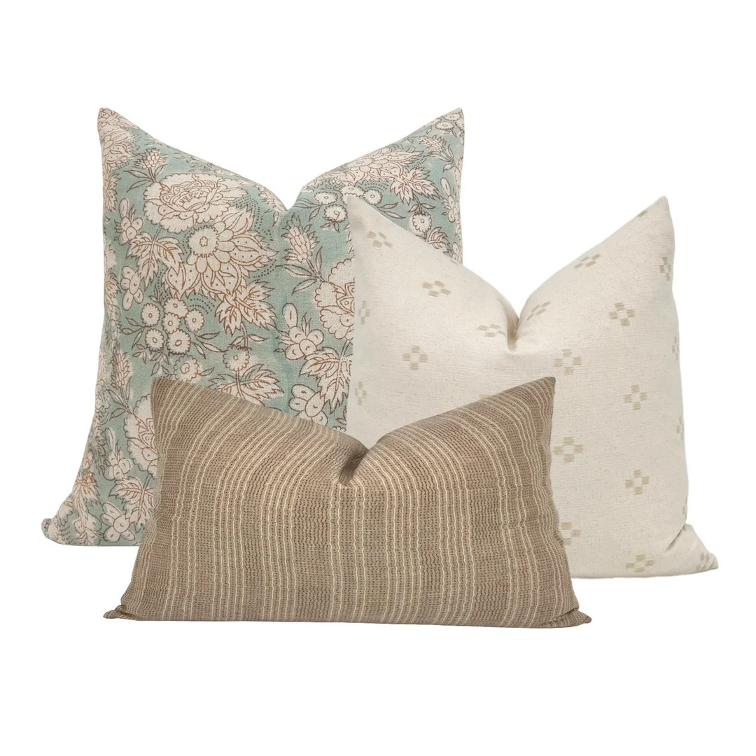 PILLOW COMBO Set of Three Pillow Covers, Blue Floral Linen, Brown Stripes, Sofa Pillow Set, Pillo... | Etsy (US)