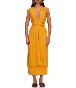 Andrea Iyamah Zado Linen Blend Deep V-Neck Sleeveless Panel Side Slit Gathered Tie Waist Wrap Max... | Dillard's