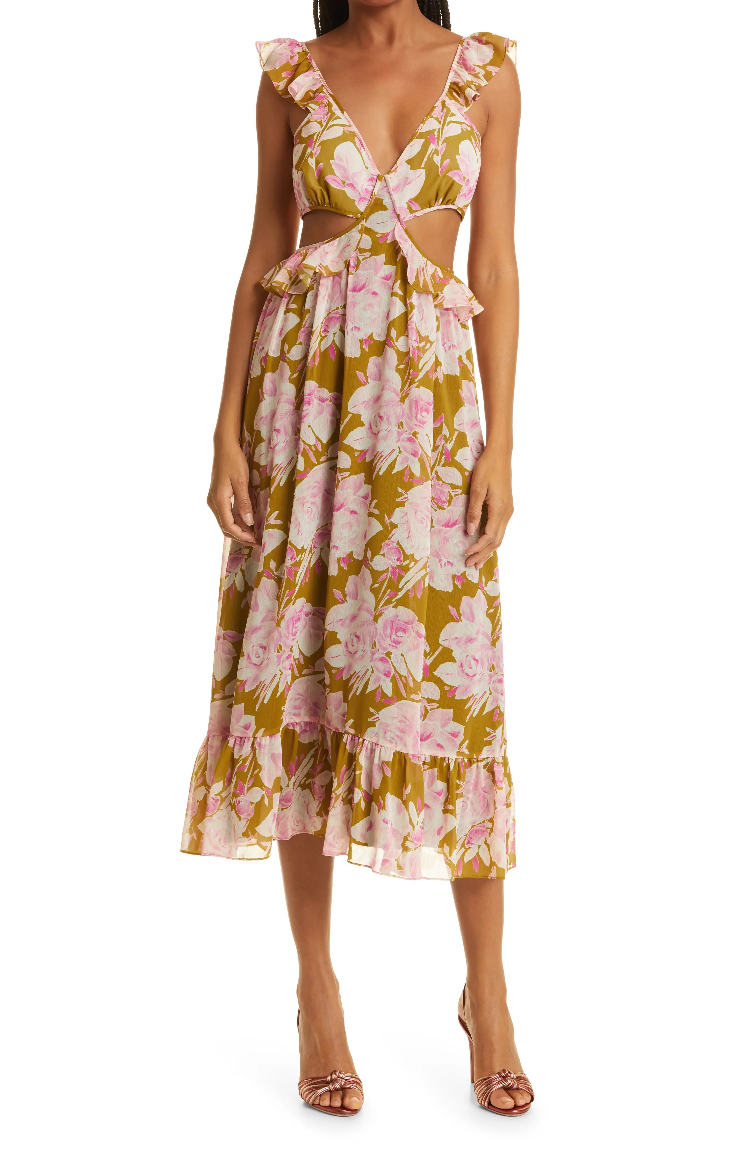 LIKELY Katerina Floral Cutout Midi Dress in Olive Oil/Pink at Nordstrom, Size 14 | Nordstrom
