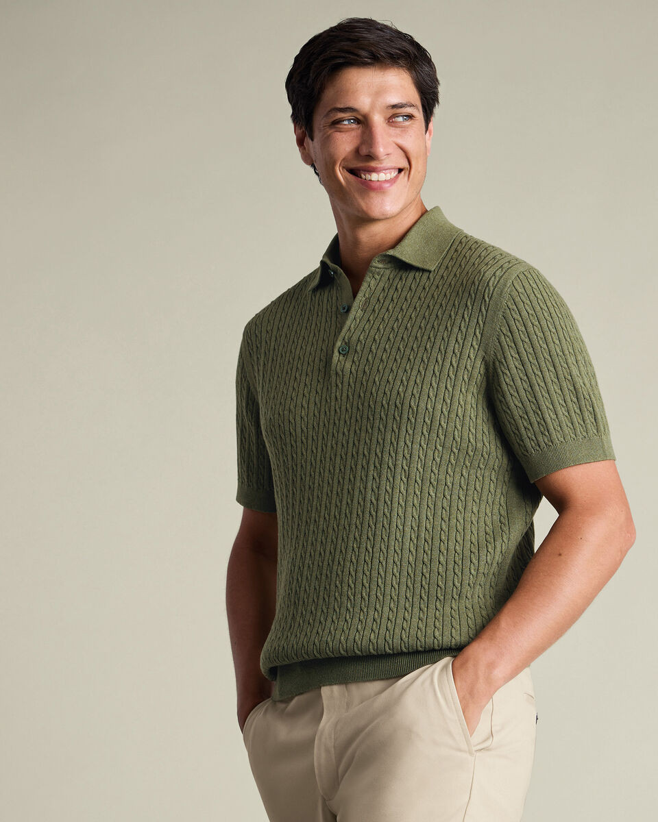 Cotton Cable Knitted Polo \u2013 Sage Green | Charles Tyrwhitt