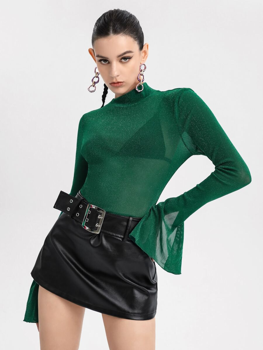 SHEIN X Isabella Burgio Flounce Sleeve Glitter Mesh Top Without BraSKU: sw2207158882994094(3 Revi... | SHEIN