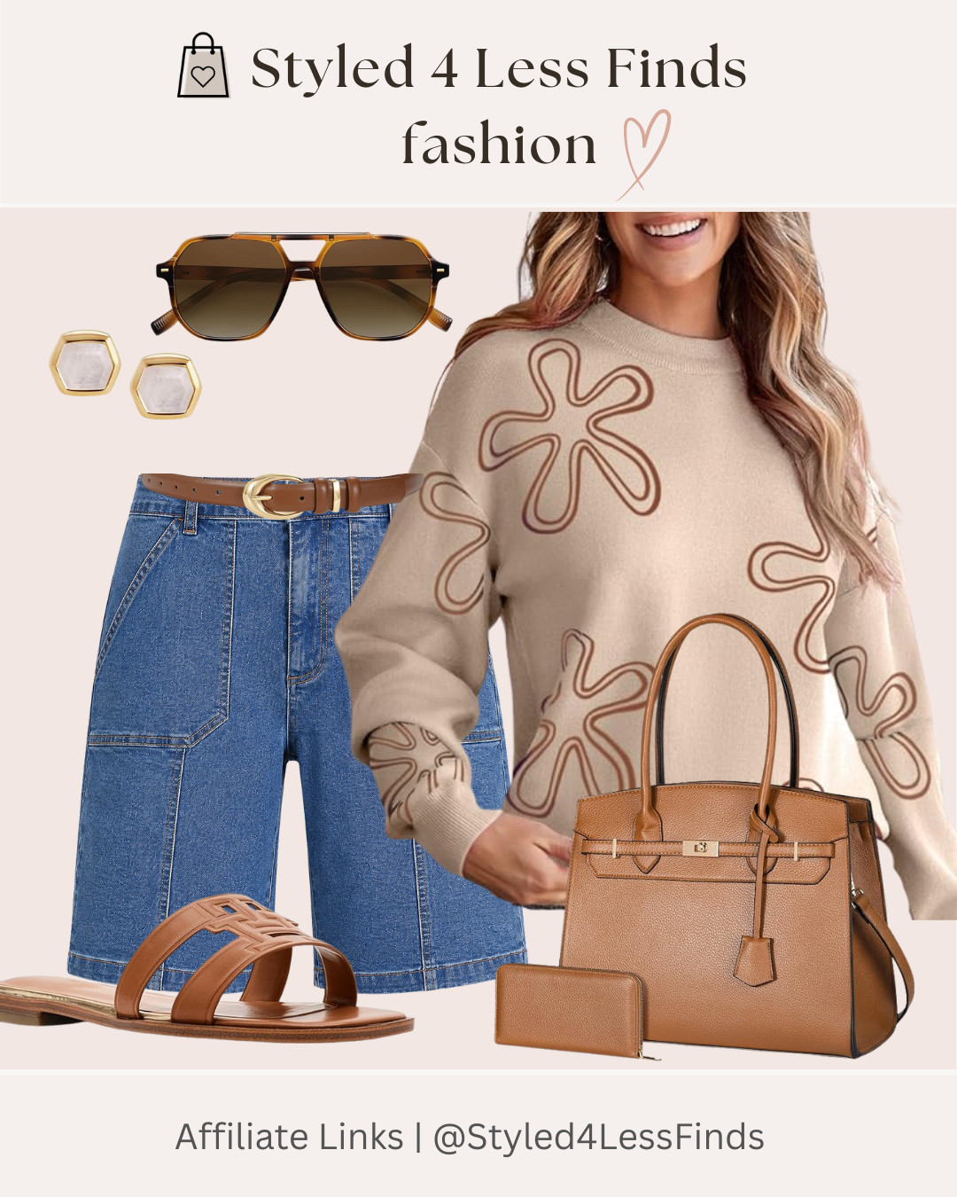 Denim Bermuda shorts are having a moment! I love how these structured shorts instantly make this outfit feel polished while still keeping it casual and comfortable. Paired with a cozy printed sweater, warm tan accessories, and oversized sunnies, it’s such an easy transitional look. 🤎

Style tip: When wearing longer denim shorts, add a belt in a coordinating neutral and choose a structured handbag to pull the whole look together. Mixing different shades of denim with warm tan accessories keeps the outfit elevated and effortless. 

 #LTKcanada #LTKjeans #LTKover50style