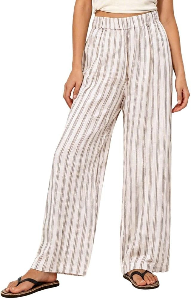Amazhiyu Women's 100% Linen Summer Casual Elastic Waist Stripes Wide Leg Pants | Amazon (US)