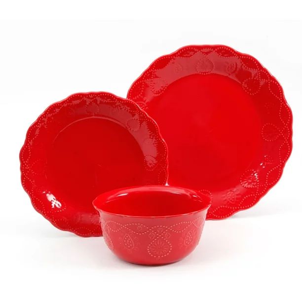 The Pioneer Woman Cowgirl Lace 12-Piece Dinnerware Set, Red - Walmart.com | Walmart (US)