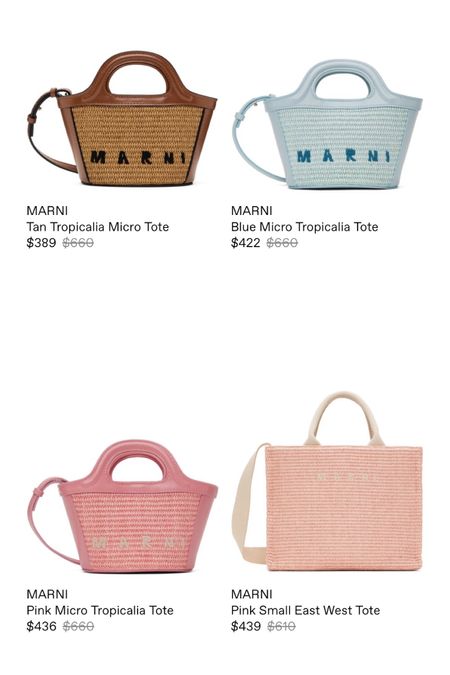 Sale alert! Marni tote bags on major sale! I ordered the tan! Most now under $400! 
Mini bag. Tote bag. Pink bag. Blue bag. Straw bag. Summer bag. Woven bag. Marni. Marni Tropicali Tote. Sale. LTKsalealert. LTKitbag. LTKSEASONAL. 

#LTKSaleAlert #LTKSeasonal #LTKItBag