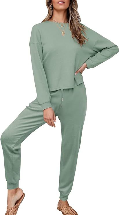 ZESICA Womens Waffle Knit Outfits Set Casual Long Sleeve Top and Pants Two Piece Loungewear Sweat... | Amazon (US)