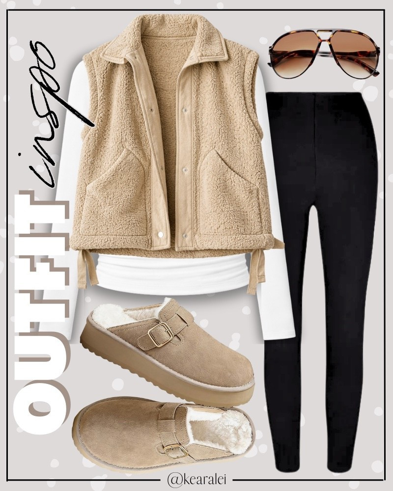 Spring outfits 2026 winter outfits Amazon comfy outfit neutral outfit Amazon fashion tan khaki beige oversized fuzzy fleece vest tan Sherpa vest free people inspired look for less black leggings white long sleeve top bodysuit tan Birkenstocks genuine shearling suede leather platform clogs slippers uggs look for less with ruffle edge crew socks aviator sunglasses || #amazon #outfit #winter #fall #cozy #freepeople #vest #affordable #neutrals
.
.
.

Fitness Wear, Activewear, exercise outfit, workout leggings, sports bra, Lulu lemon, free people motion active athleisure Amazon fashion, teacher outfits, business casual, casual outfits, neutrals, street style, Midi skirt, Maxi Dress, Swimsuit, Bikini, Travel, skinny Jeans, Puffer Jackets, Concert Outfits, Cocktail Dresses, Sweater dress, Sweaters, cardigans Fleece Pullovers, hoodies, button-downs, Oversized Sweatshirts, Jeans, High Waisted Leggings, dresses, joggers, fall Fashion, winter fashion, leather jacket, Sherpa jackets, Deals, shacket, Plaid Shirt Jackets, apple watch bands, lounge set, Date Night Outfits, Vacation outfits, Mom jeans, shorts, sunglasses, Disney outfits, Romper, jumpsuit, Airport outfits, biker shorts, Weekender bag, plus size fashion, Stanley cup tumbler Target, Abercrombie and fitch, Amazon, Shein, Nordstrom, H&M, forever 21, forever21, Walmart, asos, Nordstrom rack, Nike, adidas, Vans, Quay, Tarte, Sephora, lululemon, free people, j crew jcrew factory, old navy


#LTKSaleAlert #LTKootd #LTKSeasonal