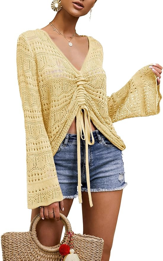 Saodimallsu Womens Boho Off Shoulder Sheer Crop Tops Bell Sleeve Flowy Oversized Crochet Ruched P... | Amazon (US)