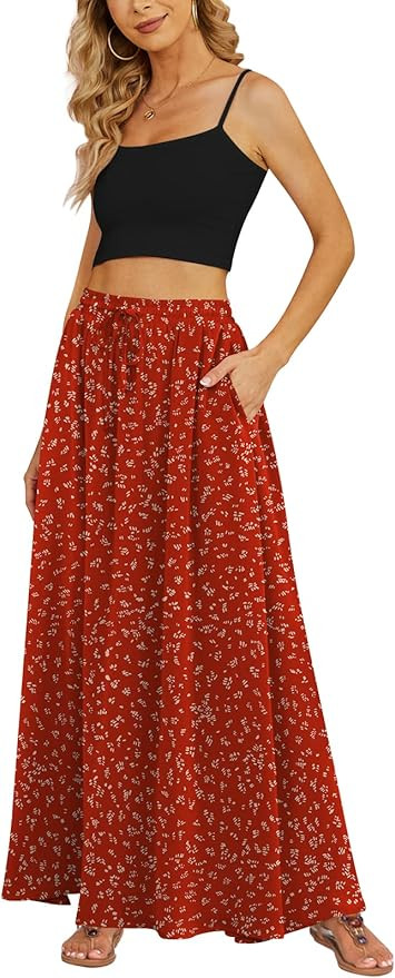 Yincro Women's Flowy Maxi Skirt Summer Pleated High Waisted Casual Long Skirts with Pockets | Amazon (US)