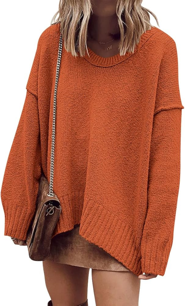 Prinbara Women's Oversized Long Sleeve V Neck Off The Shoulder Baggy Comfy Knit Pullover Sweaters | Amazon (US)