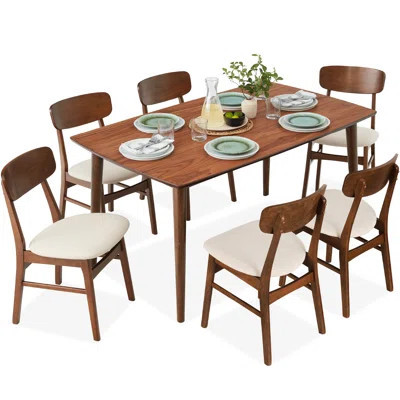 7-Piece Mid-Century Modern Upholstered Dining Set, Wooden Table W/ 6 Chairs | Wayfair North America