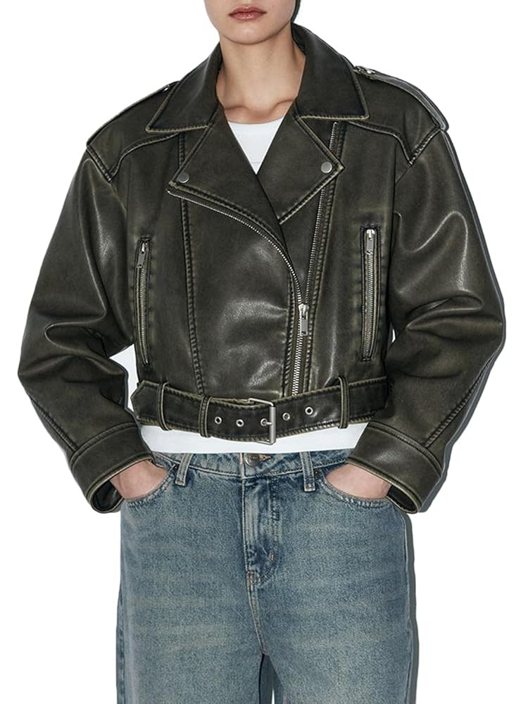 Women's Faux Leather Long Sleeve Zipper Up Moto Cropped Jacket Biker Coat with Belt | Amazon (US)