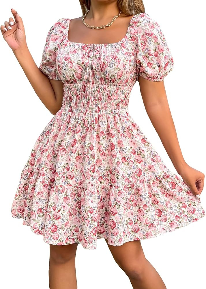 Floerns Women's Boho Square Neck Puff Short Sleeve Self Tie Front A Line Dress | Amazon (US)