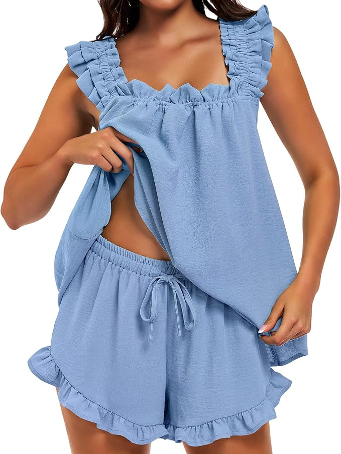 SIMIYA Pajama for Women Set 2 Piece Ruffle Pj Soft Tank Top and Shorts Bridal Pajamas Lightweight... | Amazon (US)