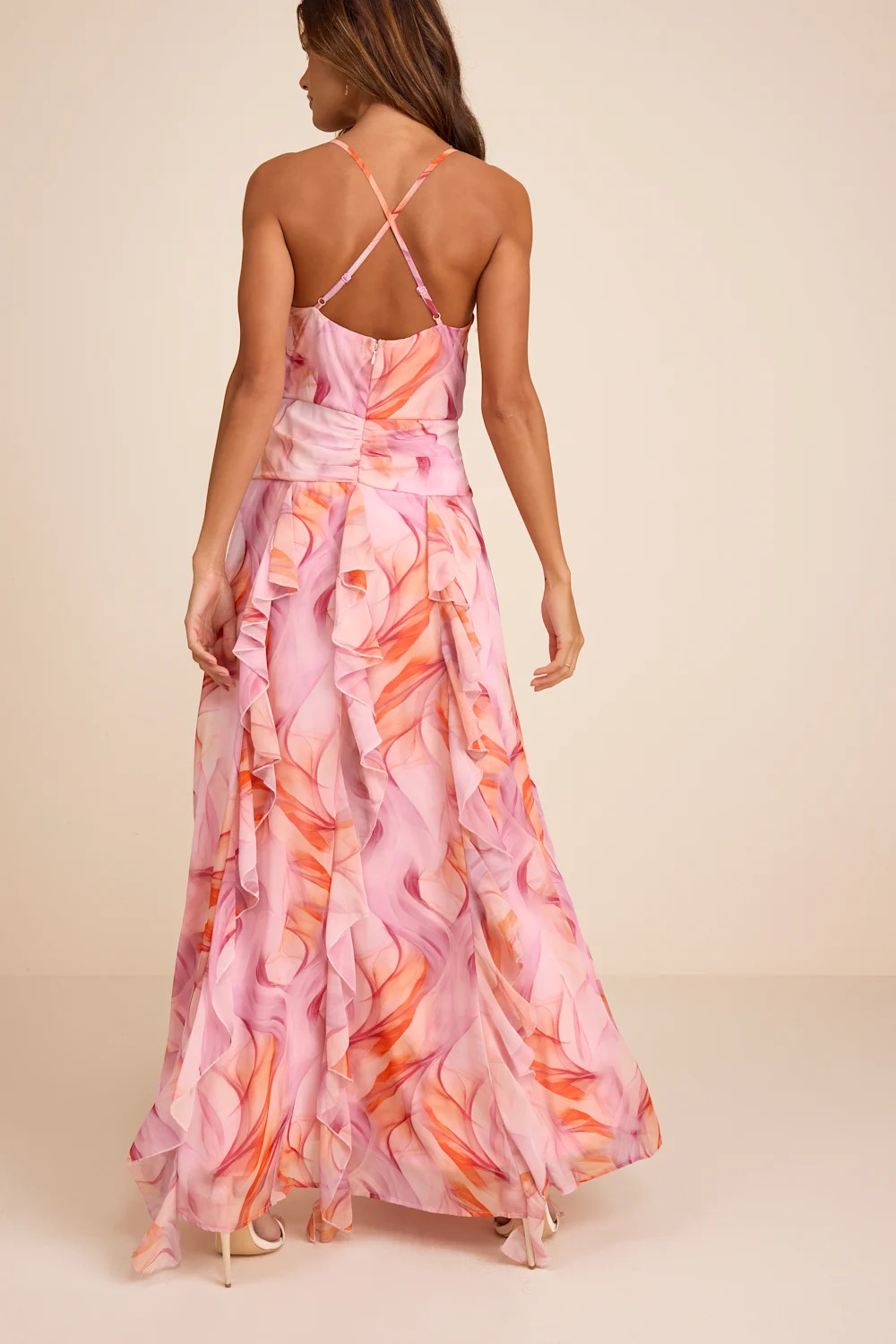 Astraea Lilac and Orange Abstract Surplice Ruffled Maxi Dress | Lulus
