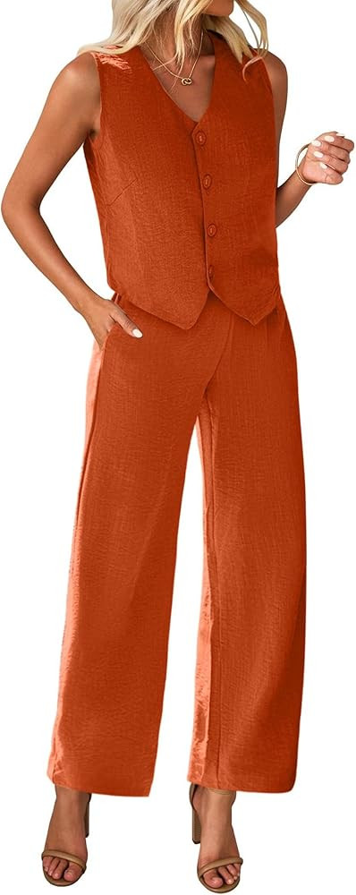 KIRUNDO 2 Piece Sets for Women Dressy Summer Button V Neck Crop Vest Blazer Wide Leg Pants Suit M... | Amazon (US)