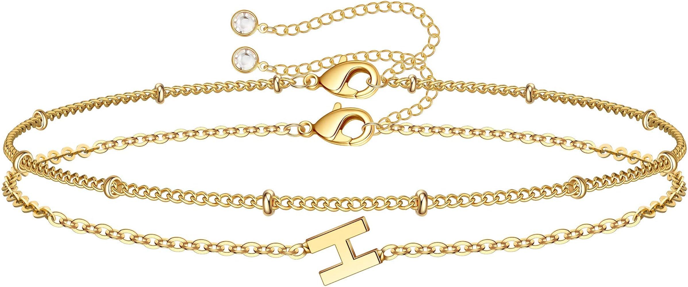Dainty Gold Initial Bracelets for Women, 14K Gold Plated Dainty Personalized Gold Bracelets Initi... | Amazon (US)