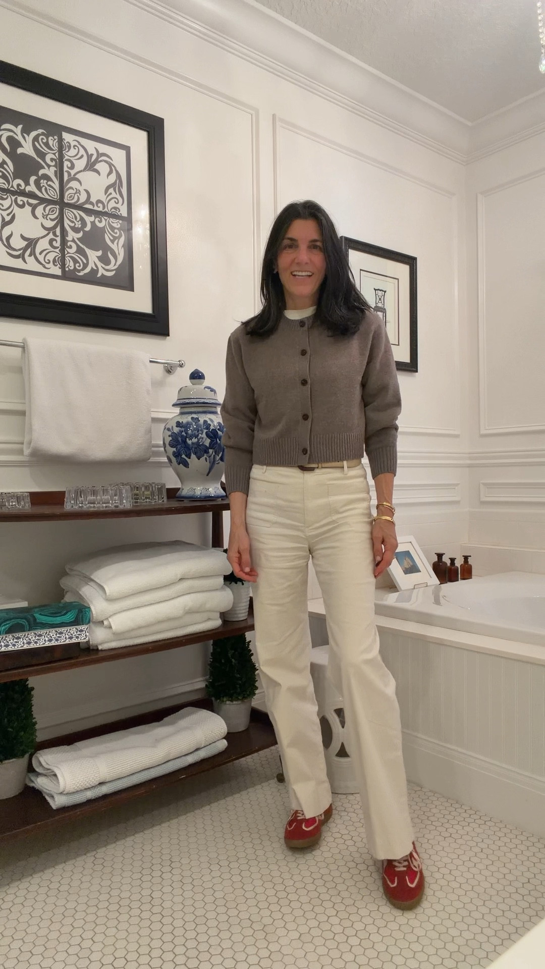 Casual neutrals with red sneakers