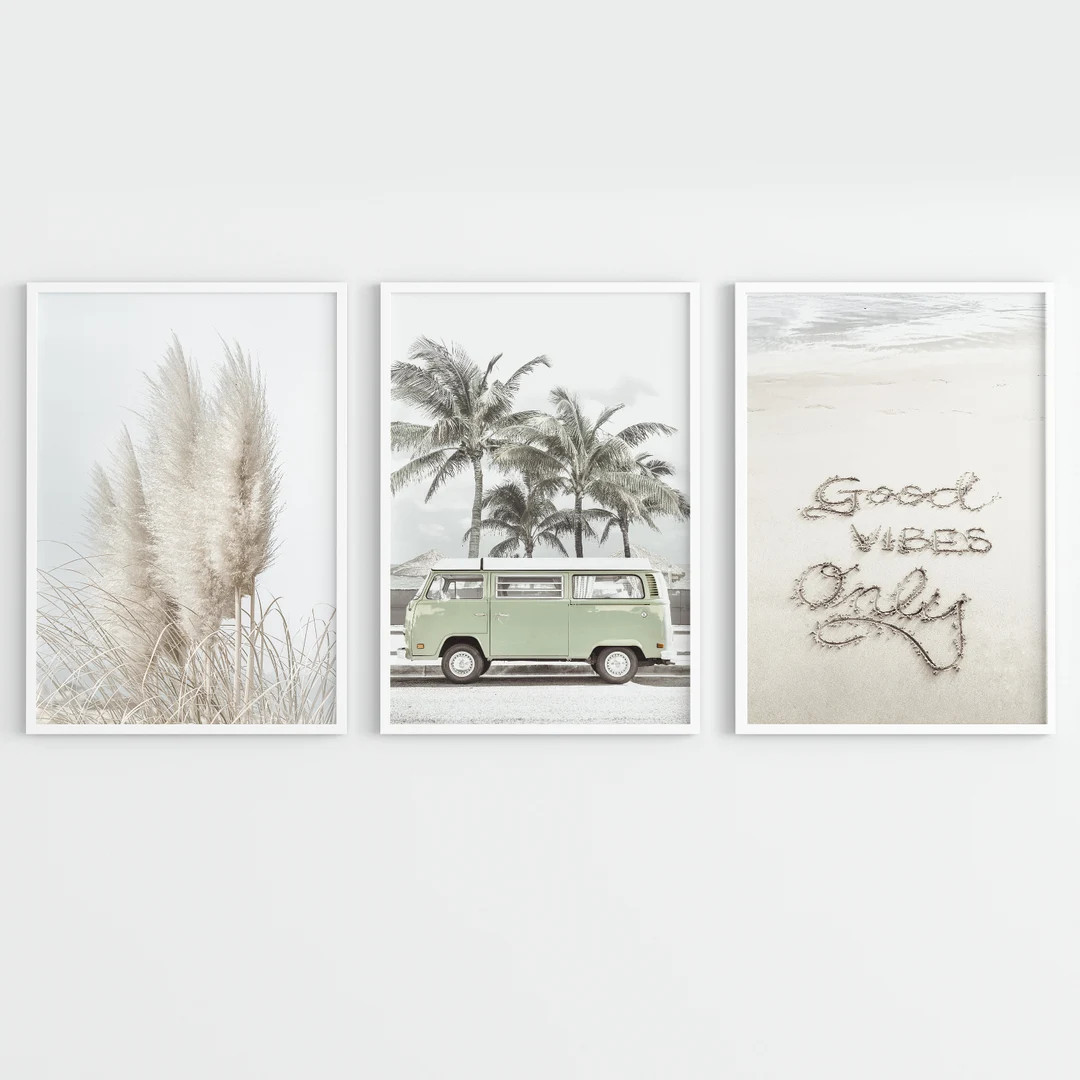 Three Piece Set: Summer Beach Digital Download Posters. Retro VW Bus Print. Neutral Colors Pampas... | Etsy (US)