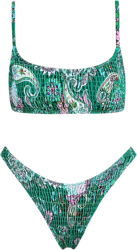 VOLAFA Women's Triangle Bikini Set Smocked Textured Scoop Frilled Print Ruched Elastic Swimsuit T... | Amazon (US)