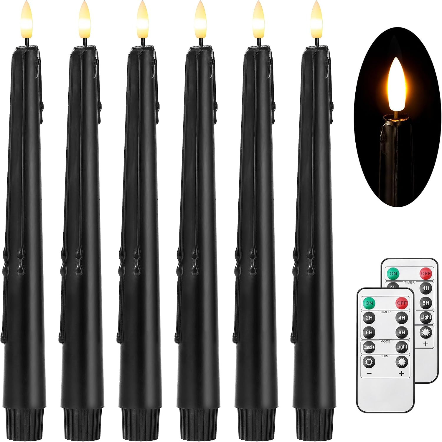 Black Flameless Taper Candles with Remote and Timer - 9.65 Inch Real Wax LED Candlesticks - Wax Drip Battery Operated Halloween Taper Candles with 3D Flickering Flame Halloween Decor, 6 Pack | Amazon (US)