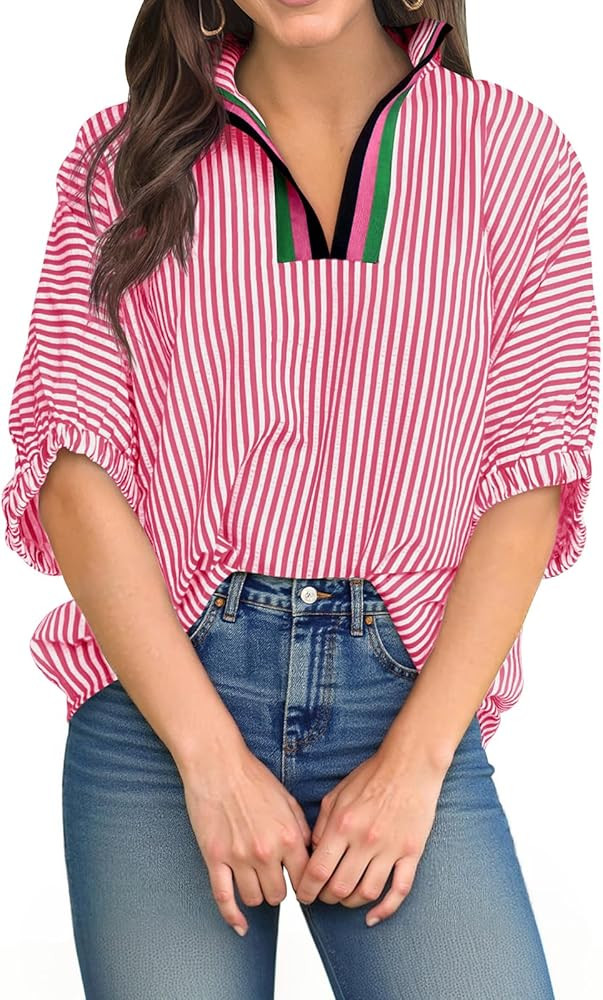 Tankaneo Womens V Neck Striped Blouse Oversized Dolman Sleeve Tops Summer Casual Loose Fit Polo S... | Amazon (US)